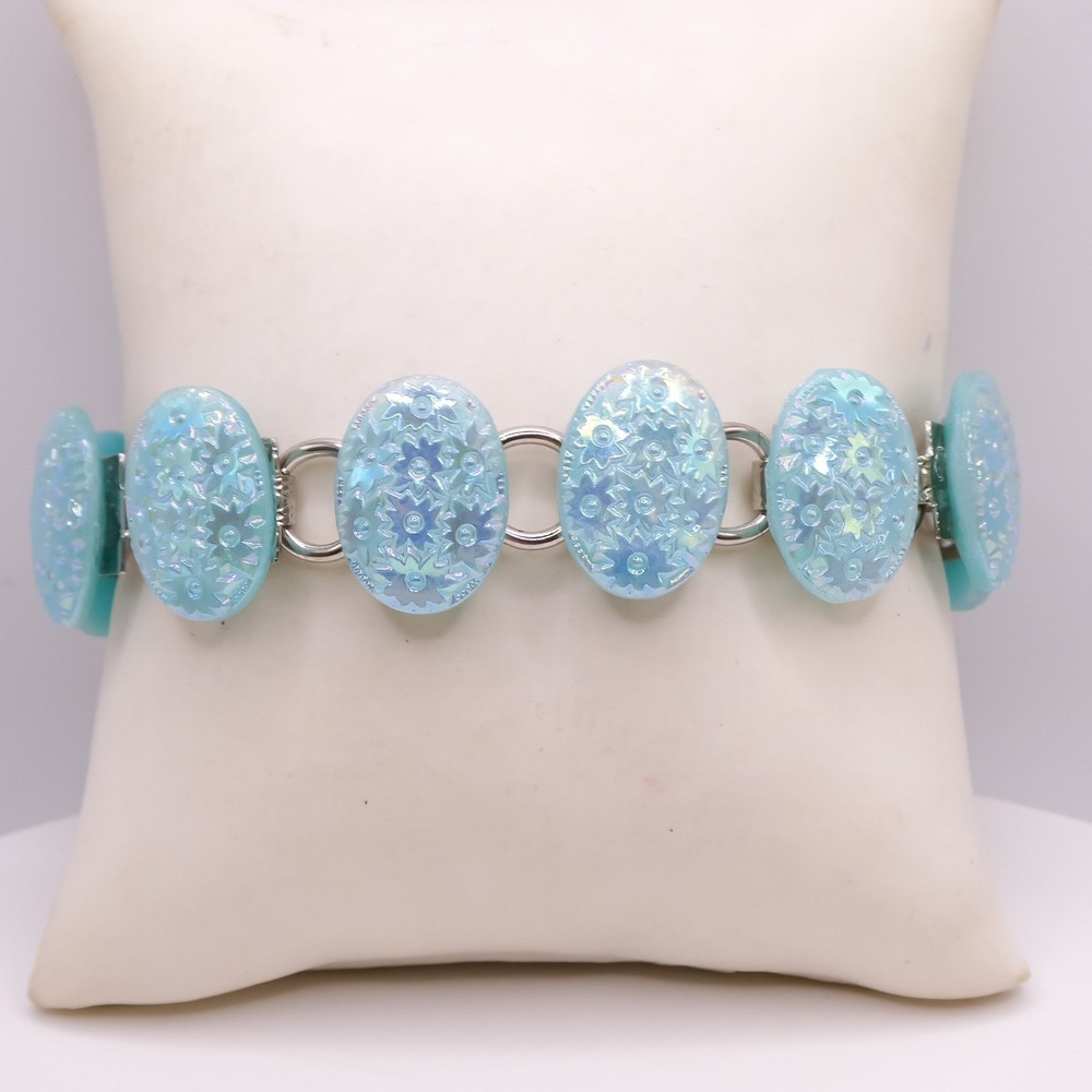 Vintage Molded Aqua Glass Cabachon Rhinestone 7" Romantic Floral Bracelet